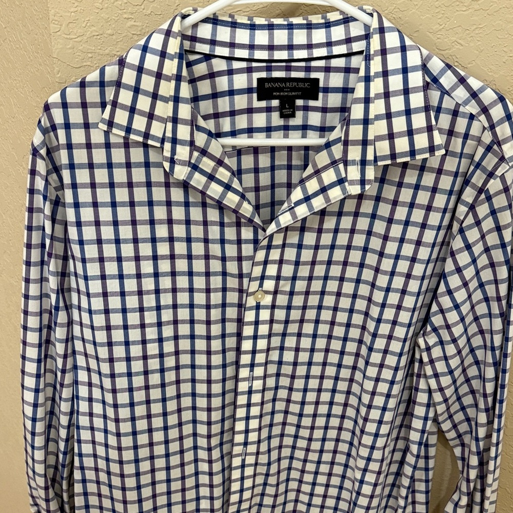 Banana Republic Navy and White Plaid Men's Shirt